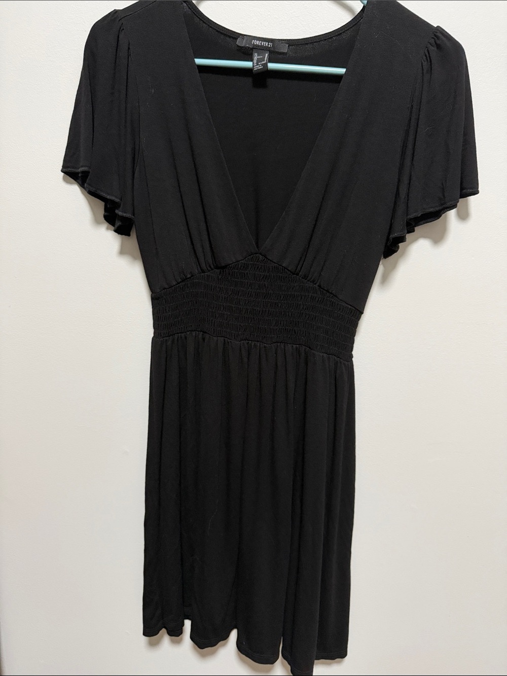 Forever 21 Black V-Neck Flutter Sleeve Mini Dress